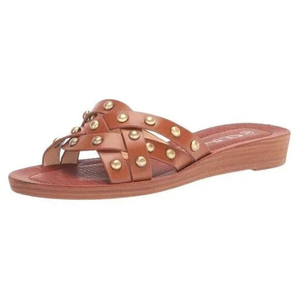 Cognac Brown Studded Flat Slides Mule Sandal Woven Straps Summer Resort
